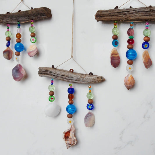 driftwood glass beads dangling, shells, window charm, car charm, beach decor, glass beads hanging from driftwood with shells, colorful glass beads, window art, handmade