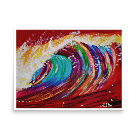 Colorful wave painting, red wave painting bold colors inverted wave crashing, poster, print, big wave, big wave painting, oil pastel wave, red wave