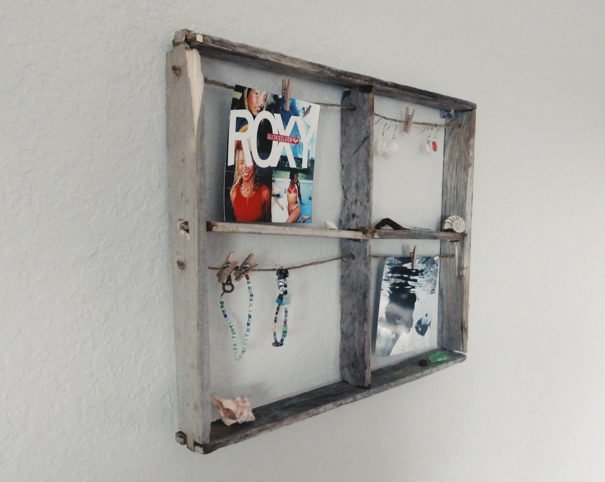 Wooden frame, displaying photos, and jewelry s on a  wall, rustic wood, gray wood frame, driftwood frame, driftwood photo and jewelry, boho decor