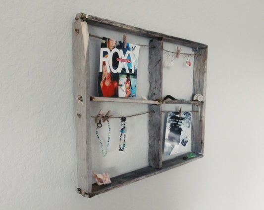 Wooden frame, displaying photos, and jewelry s on a  wall, rustic wood, gray wood frame, driftwood frame, driftwood photo and jewelry, boho decor