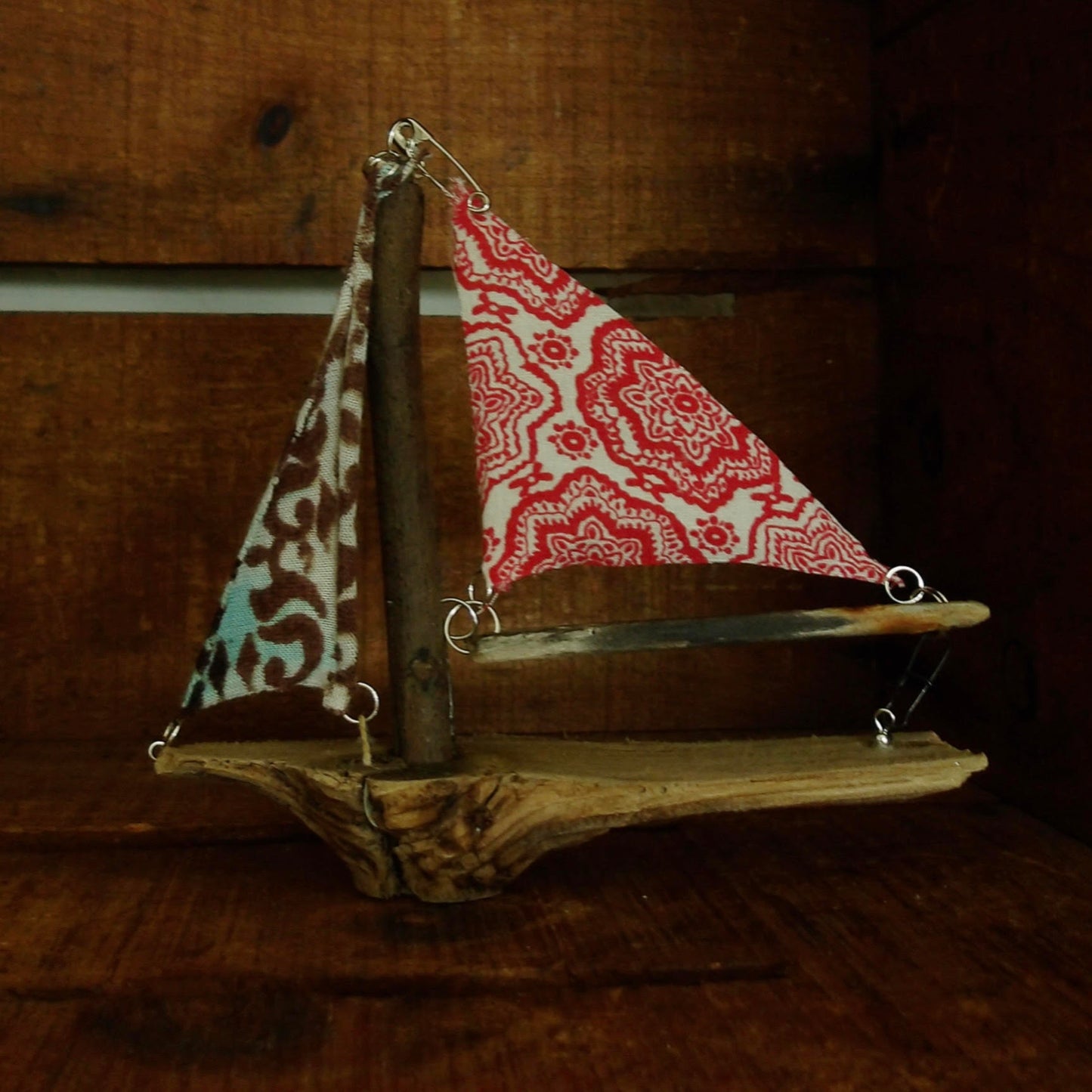wood sailboat made of driftwood and recycled colorful fabric, handmade, home decor, beach decor