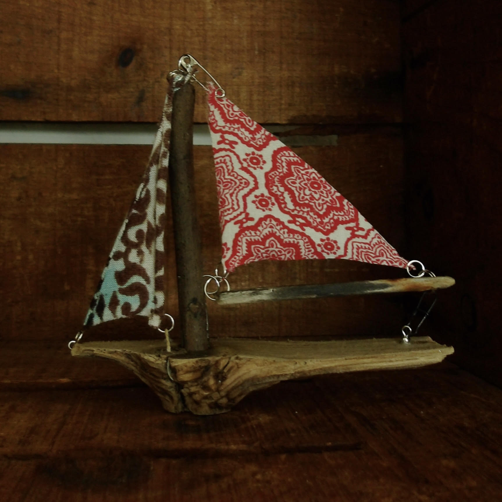 wood sailboat made of driftwood and recycled colorful fabric, handmade, home decor, beach decor