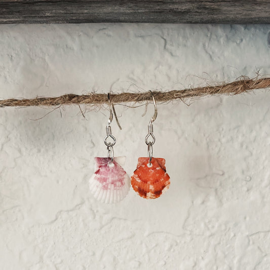 Small shell earrings, one pink and one orange sterling silver