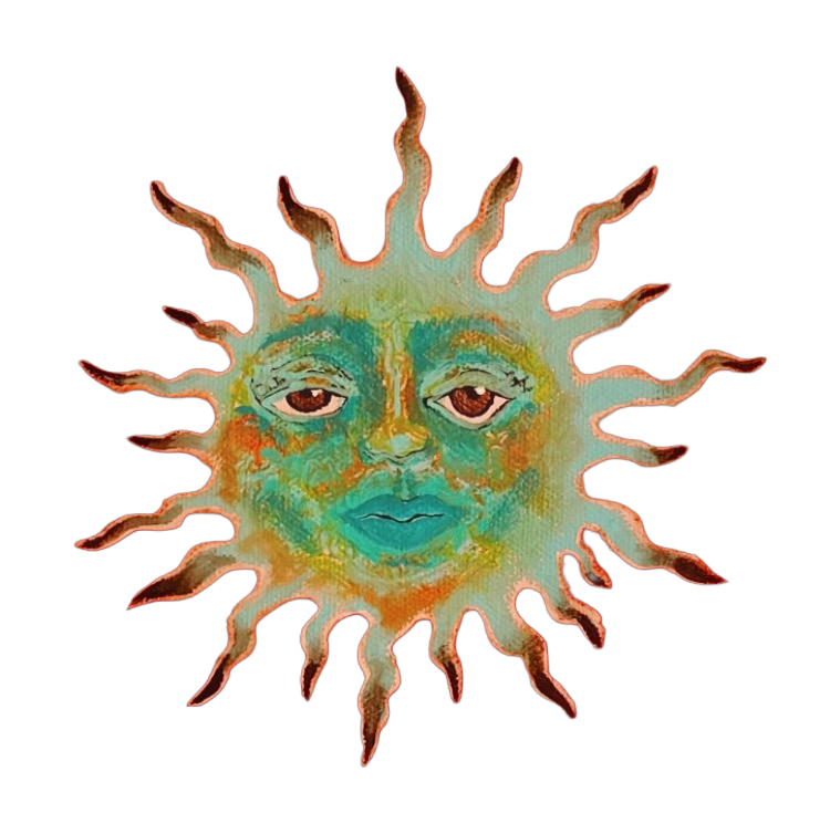 Sun with face, painting, decal sticker, green and blue and turquoise with brown eyes