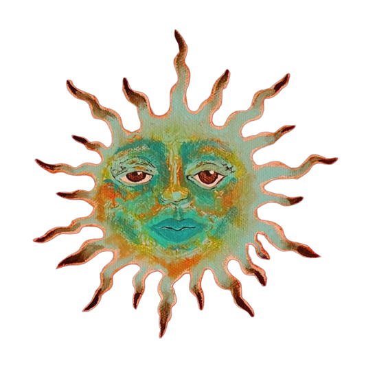 Sun with face, painting, decal sticker, green and blue and turquoise with brown eyes