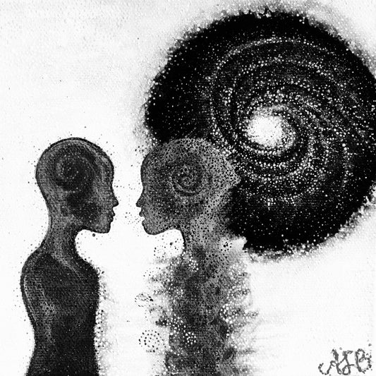 A black and white sticker with an artistic depiction of two silhouetted figures facing each other with a spiral galaxy-like pattern in the background.