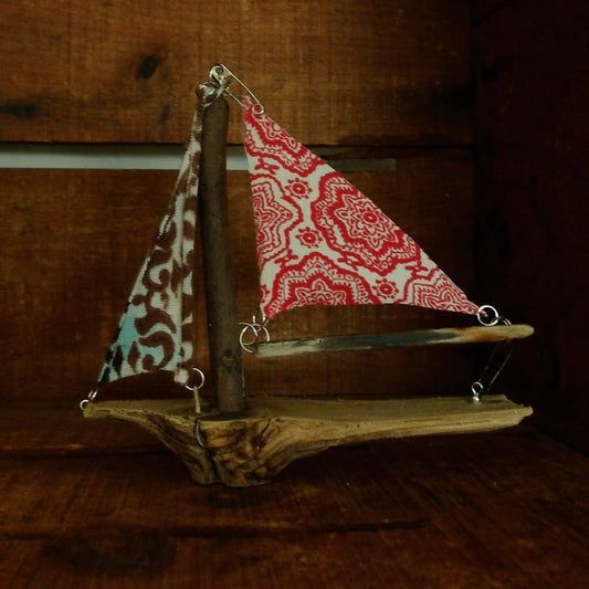 wood sailboat made of driftwood and recycled colorful fabric, handmade, home decor, beach decor